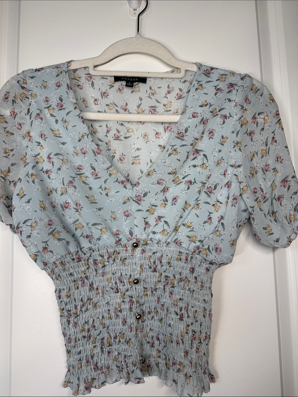 Papaya Powder Blue Floral Smocked Top